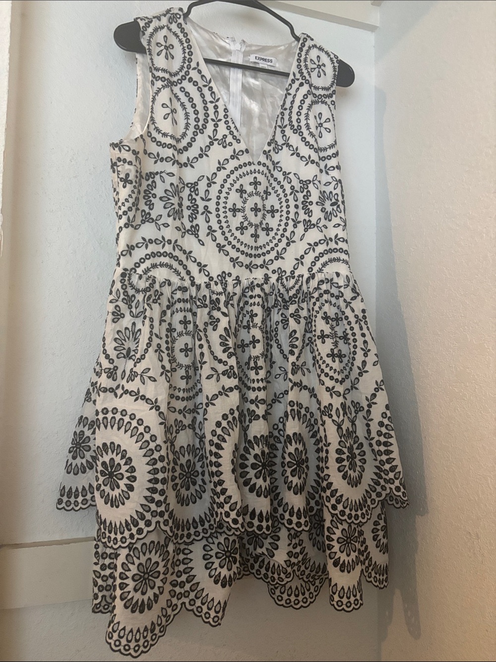 Express Girls White Dress with Black Embroidered Medallion Design